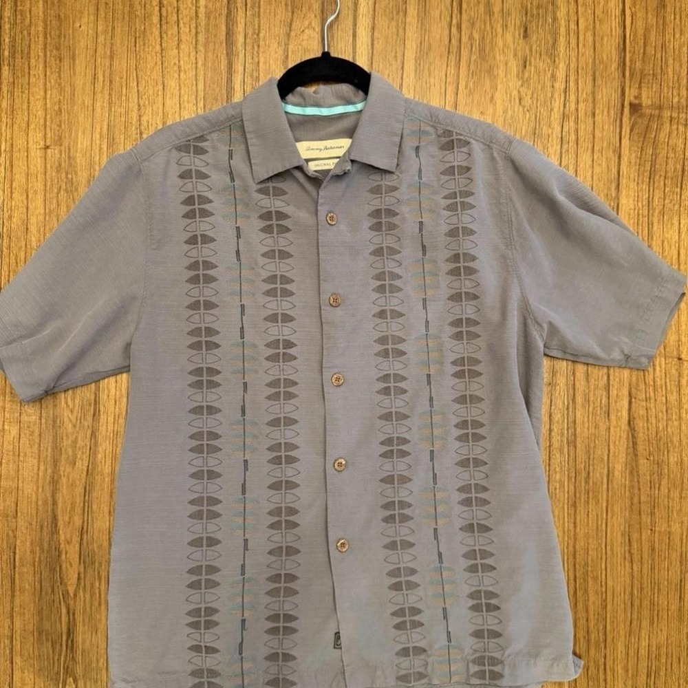 Tommy Bahama Silk Cotton Short Sleeve Button Up Shirt Mens Small Gray Tropical